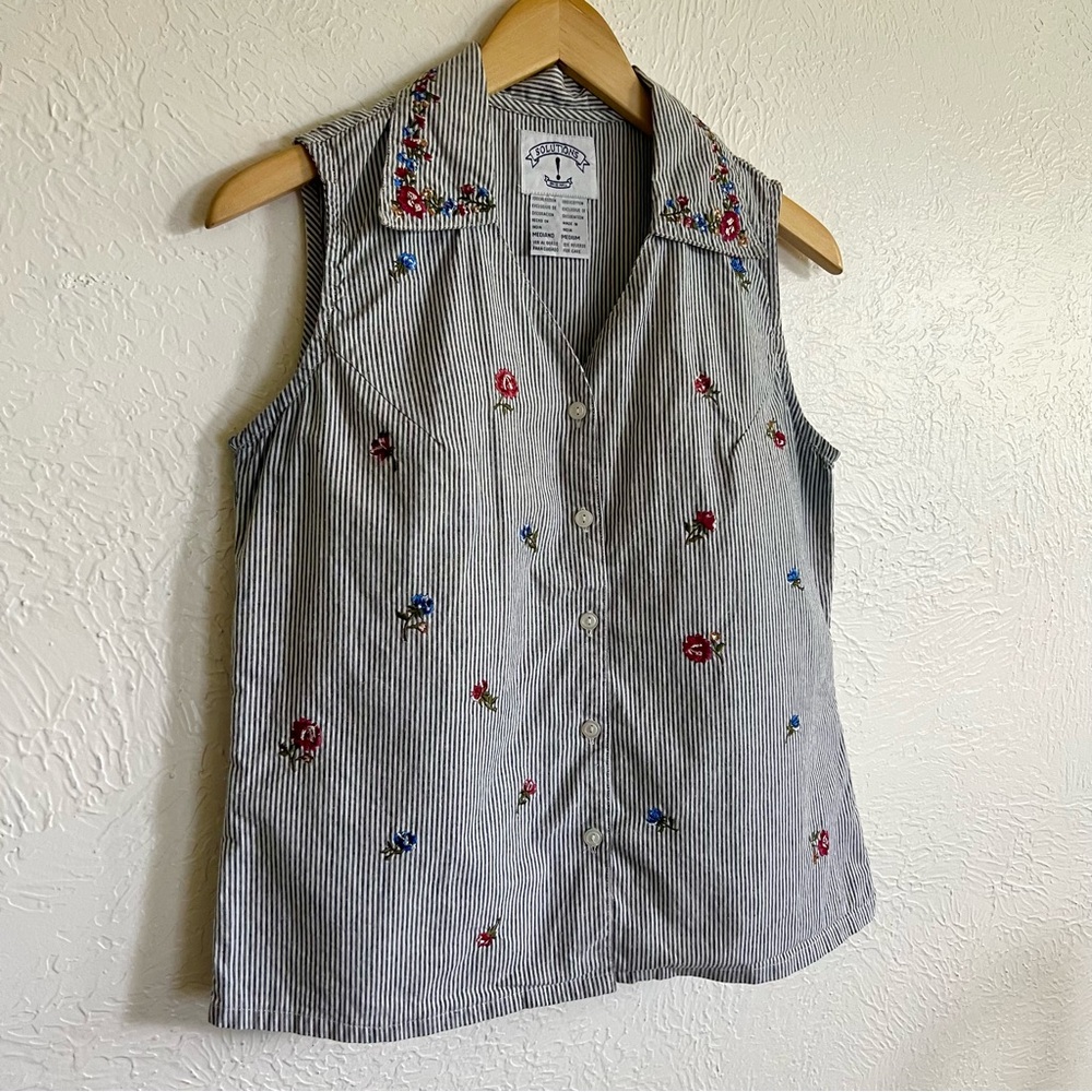 Vintage Embroidered Flowers & Striped Preppy Button Down Tank Top Size Medium